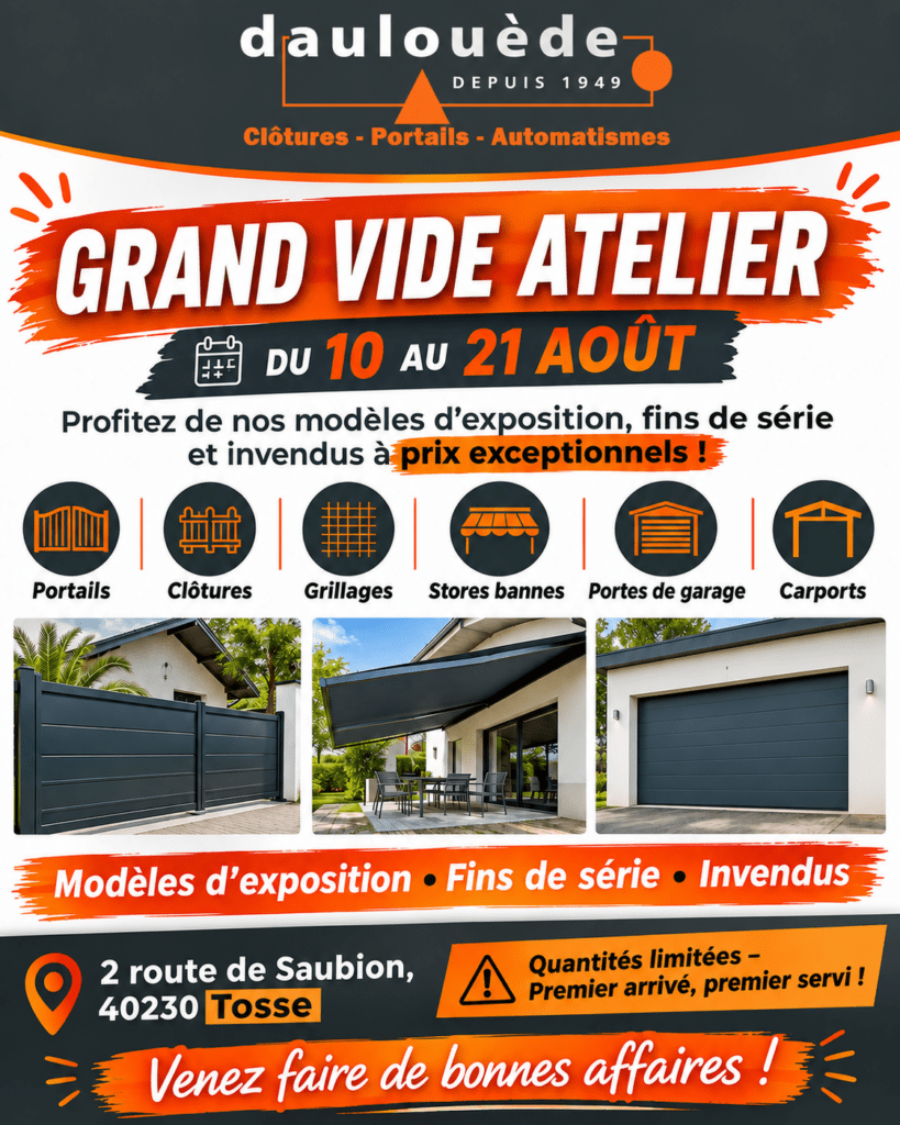 Advertising poster for Daulouède fencing products with icons for gates, fences, grills, garage doors, and carports.